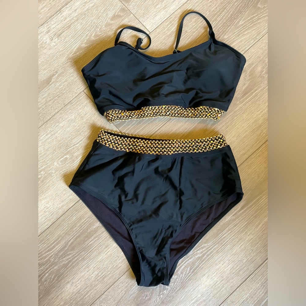 SHEIN High Waisted Black and Gold Bikini